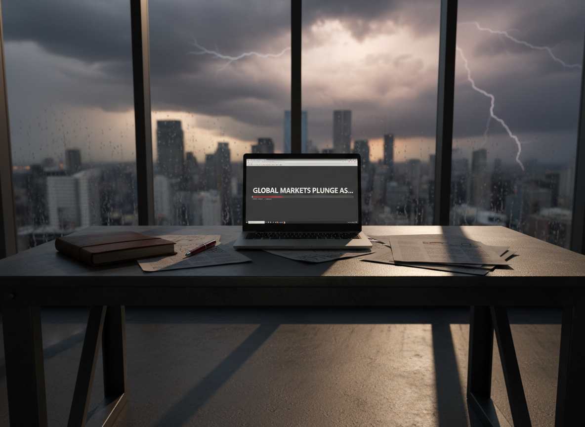 A bold, minimalist newsroom desk made of dark, matte metal, covered with a single open laptop showing a half-written headline, a battered leather notebook, and a red editing pen laid diagonally across scattered printed pages. The desk sits in front of a large floor-to-ceiling window overlooking a dramatic, stormy city skyline. Harsh late-afternoon light cuts through the glass, casting sharp, angular shadows and highlighting the textures of paper and metal. Photographic realism with a low, cinematic angle, shallow depth of field that blurs the city beyond, creating a tense, high-stakes atmosphere that suggests urgent, world-changing journalism in progress.