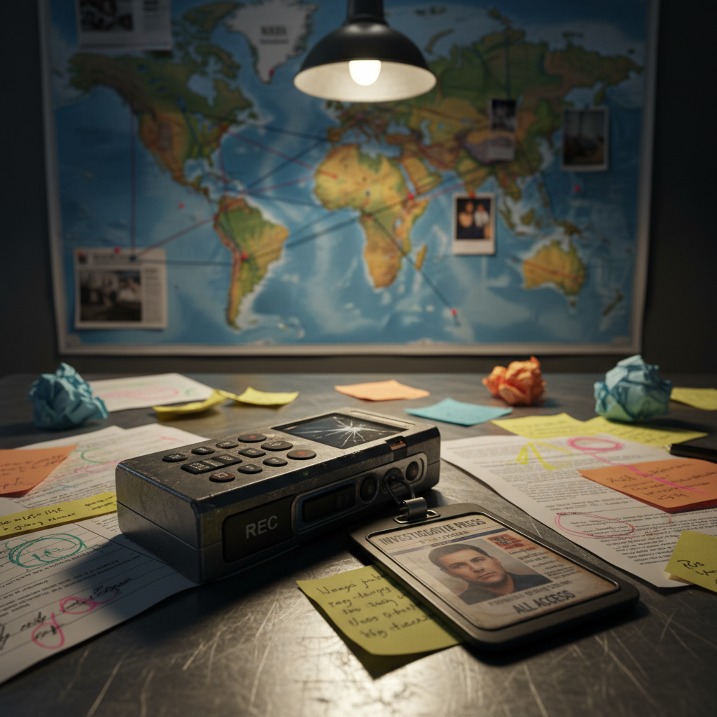 A close-up of a rugged digital voice recorder and a heavily used press badge, both resting on a scratched steel table layered with crumpled sticky notes and highlighter-streaked documents. A world map, covered in colored strings and pinned articles, looms blurred in the background. A single overhead industrial lamp casts hard, directional light, creating stark contrasts and deep shadows that emphasize grit and determination. Photographic realism, shot from a slightly elevated angle with tight framing and shallow depth of field, conveying a bold, investigative atmosphere as if secrets are about to be uncovered and the world is about to be saved through fearless reporting.